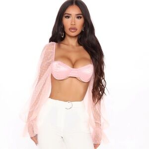 Fashion Nova Top Bustier Pink Polka dot Sheer Long Sleeves Sexy Party Small